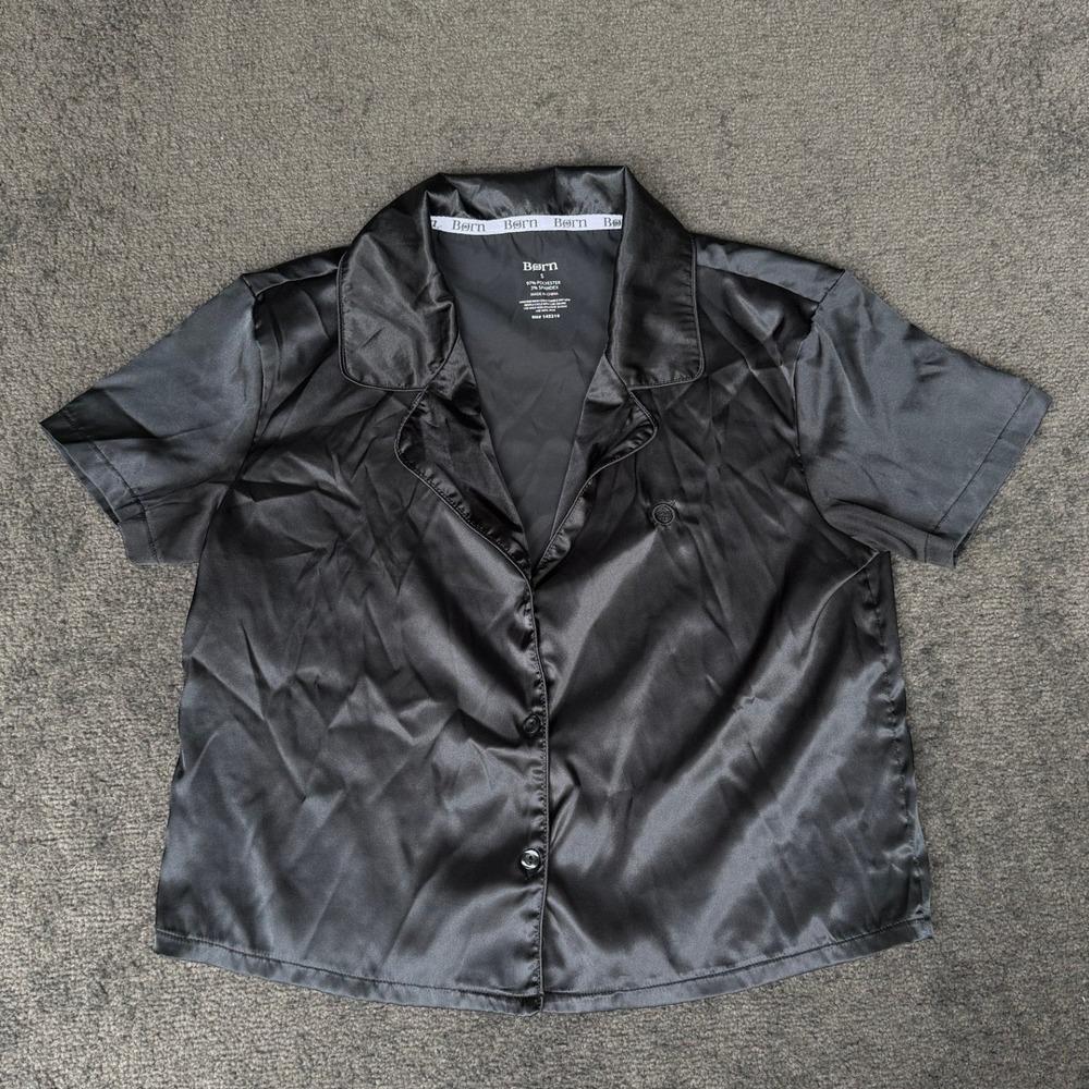 Born Womens Black‎ Satin Short Sleeve Button Down Pajama Top Small RN 145219